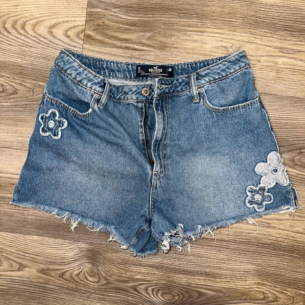 Hollister Women's Light Blue Jean Shorts with Floral Details